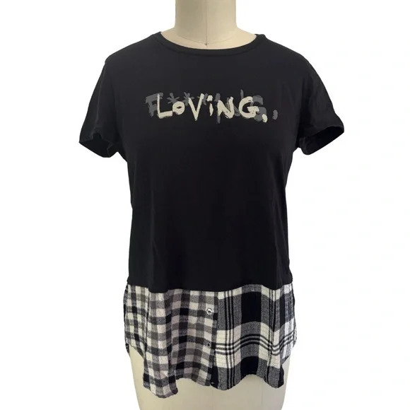 F***ING LOVING Desigual Black Graphic T Plaid Flannel Moda España - Picture 1 of 3